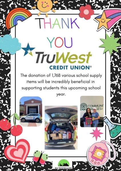 A fun flyer thanking TruWest Credit Union for a donation of school supply items
